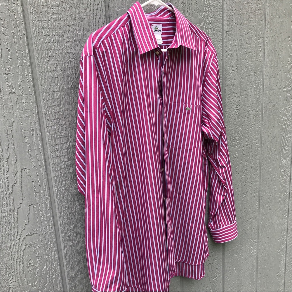 - Lacoste Dress Shirt Size 42 Pink and White Pinstriped - Picture 5 of 8